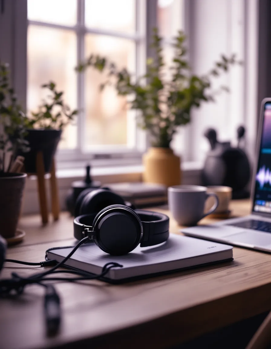 Headphones, a mug and a timestamped notebook on a studio desk in lilac light