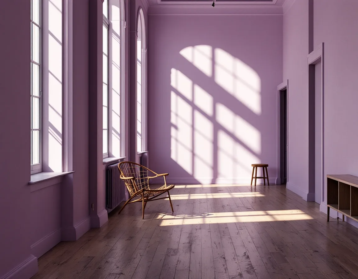 A quiet symmetrical room with arched windows, light falling across a lilac plaster wall